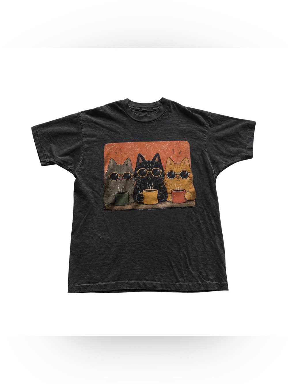 Black Graphic Tee with Three Cats and Coffee Mugs